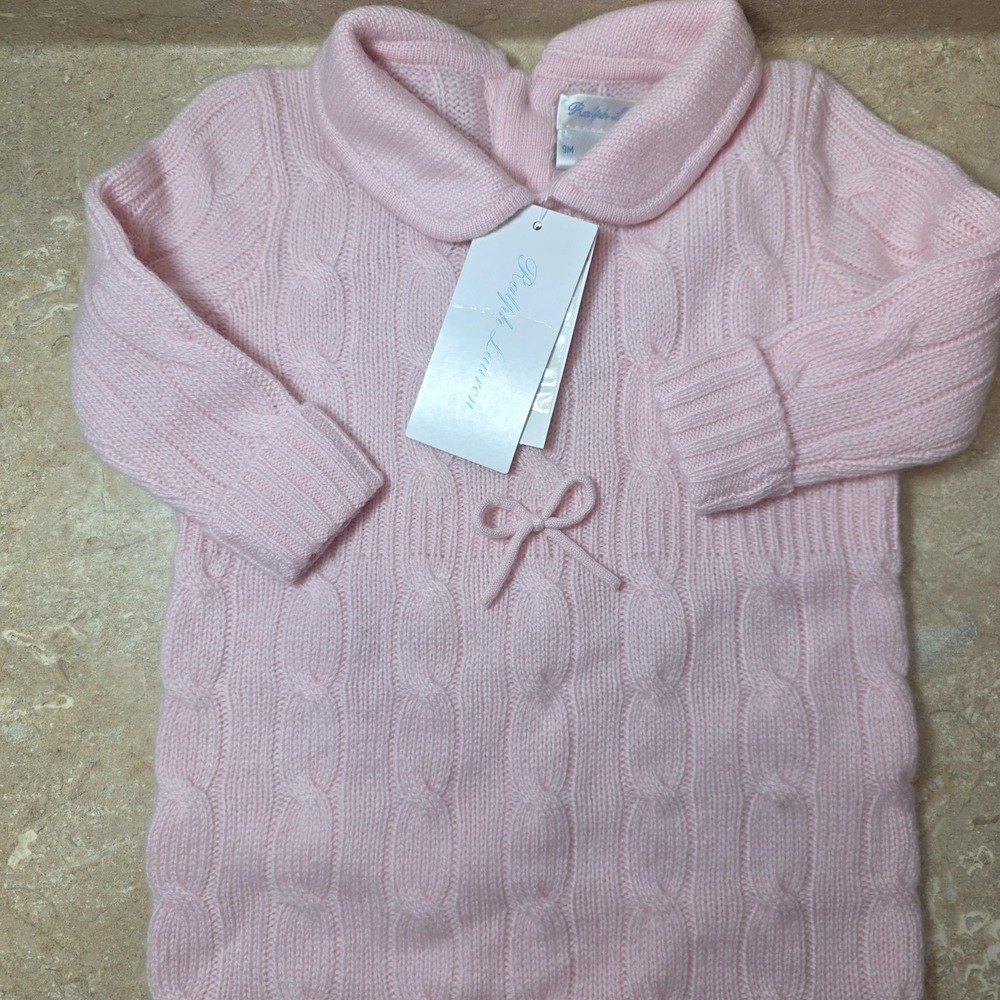 Ralph Lauren Coverall Girls 9M Pink Cable Knit Italian Yarn Bow Collar Luxe Cozy - Picture 2 of 8